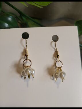Handmade Elegant Gold-Tone Drop Earrings with White Pearl Clusters